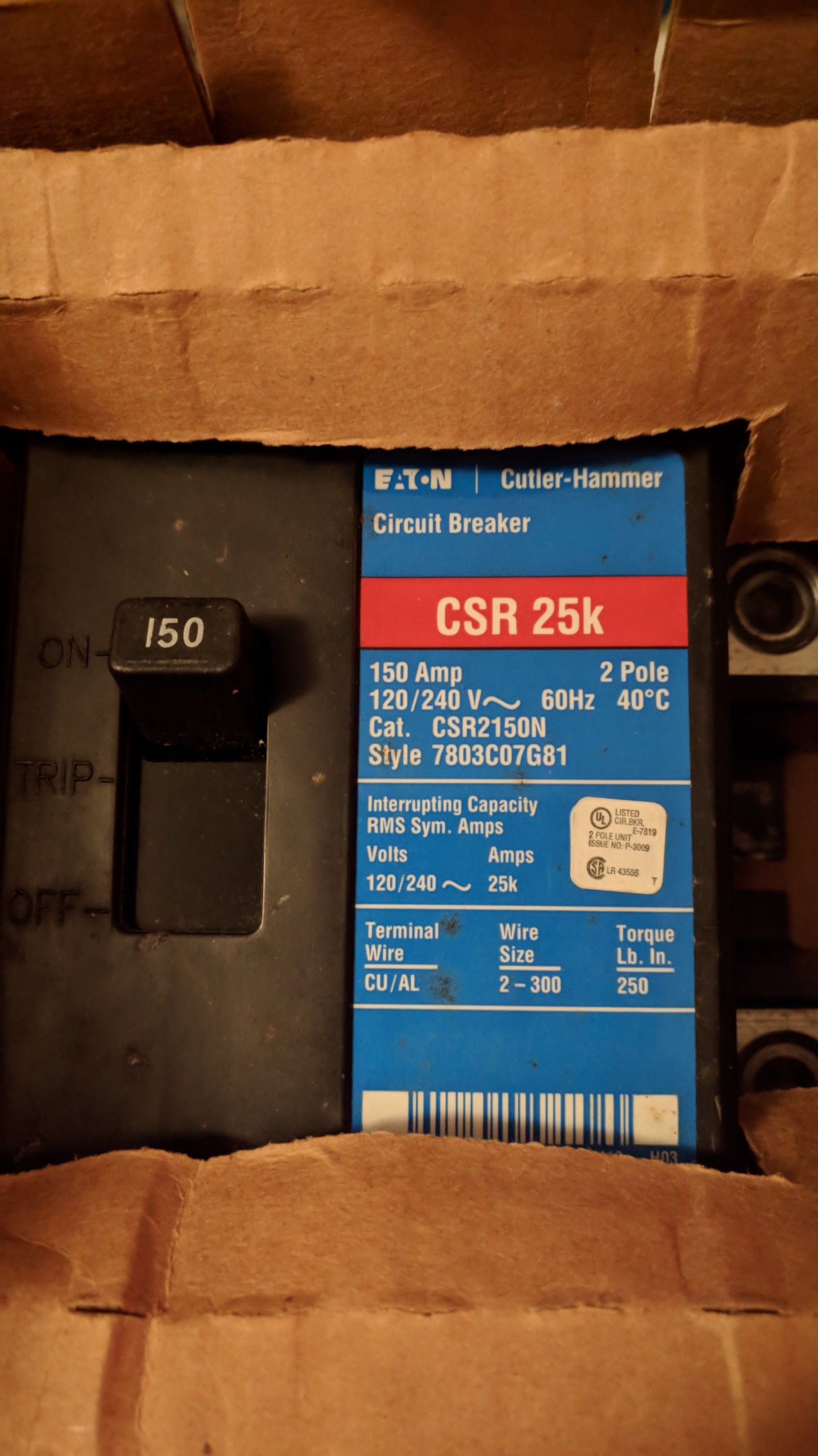 EATON/Cutler Hammer CSR2150N 2 Pole 150Amp 240 Volt Circuit Breaker CSR 25k Main