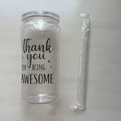 NWT Thank you for being awesome Clear Cup with Straw