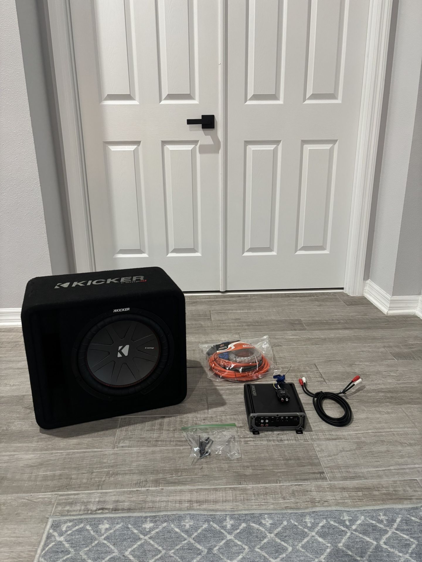 KICKER CompR Series 12" Subwoffer, 1600W KICKER sub Amplifier, and complete 4 gauge wiring kit