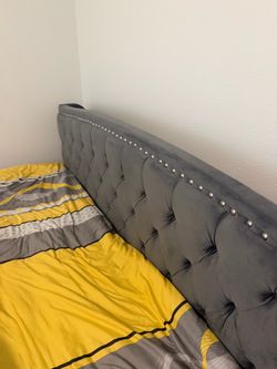 Gray Velvet Tufted Headboard with Nailhead Trim