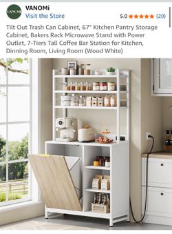 VANOMi 67” Kitchen Pantry Cabinet | Bakers Rack | Tilt Out Trash | Coffee Bar Station | White