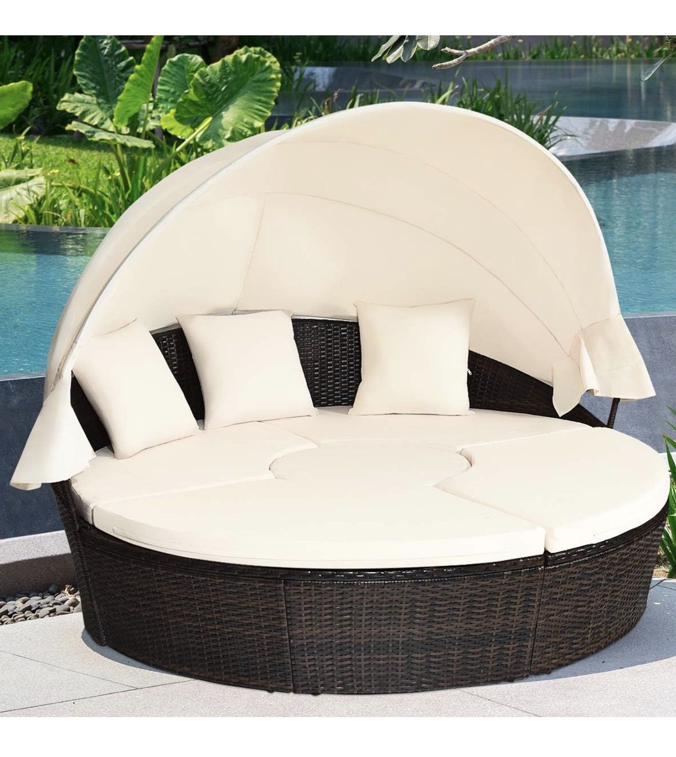 Patio Round Daybed Rattan Furniture Sets with Canopy, Beige.