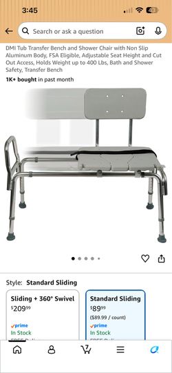 DMI Tub Transfer Bench and Shower Chair with Non Slip Aluminum Body, FSA Eligible, Adjustable Seat Height and Cut Out Access, Holds Weight up to 400 L