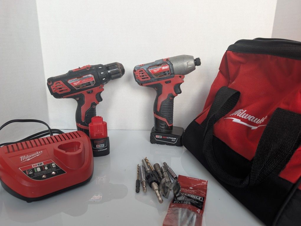Milwaukee M12 Tool Set: Drill, Impact Driver, Charger, 2 Batteries, Bag + Bits