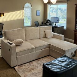 Beige Sectional Sleeper Sofa with Storage, Cup Holders & USB Charging 