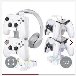 KDD Gaming Headphones Stand, Rotatable Headset Stand With Light Modes - Controller Holder With 2 USB Charging Ports And 3.5mm - Earphone Hanger Access