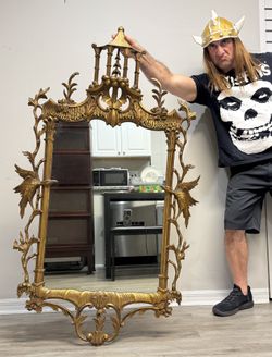 Antique Chinese Hand Carved Solid Gilt Wood Mirror! Asian Chippendale Statement Piece!! 