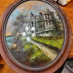 Vintage Convex Glass Wall Art / Bubble Glass Castle Picture in Wood Frame $30