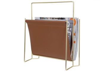 13 inch Modern Caramel Leatherette Magazine Holder Floor Standing Sling Style Rack with Brass Tone Metal Frame