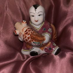 Vintage Chinese Porcelain Boy Figurine Holding Koi Fish Tongzi Red White