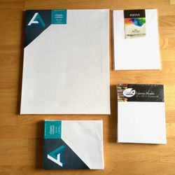 Lot of 4 Acrylic or Oil Paint Canvases and Ink