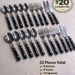Black Handle Stainless Steel Flatware Set – Complete Set 