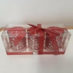 Dazzling Red Candle Holders w/White Tree & Snow Set of 3  New