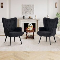 2pcs Boucle Accent Chair for Living Room, Upholstered Reading Chair with High Backrest, Tufted-Button Wingback Armchair for Bedroom, Dressing Room, Ho