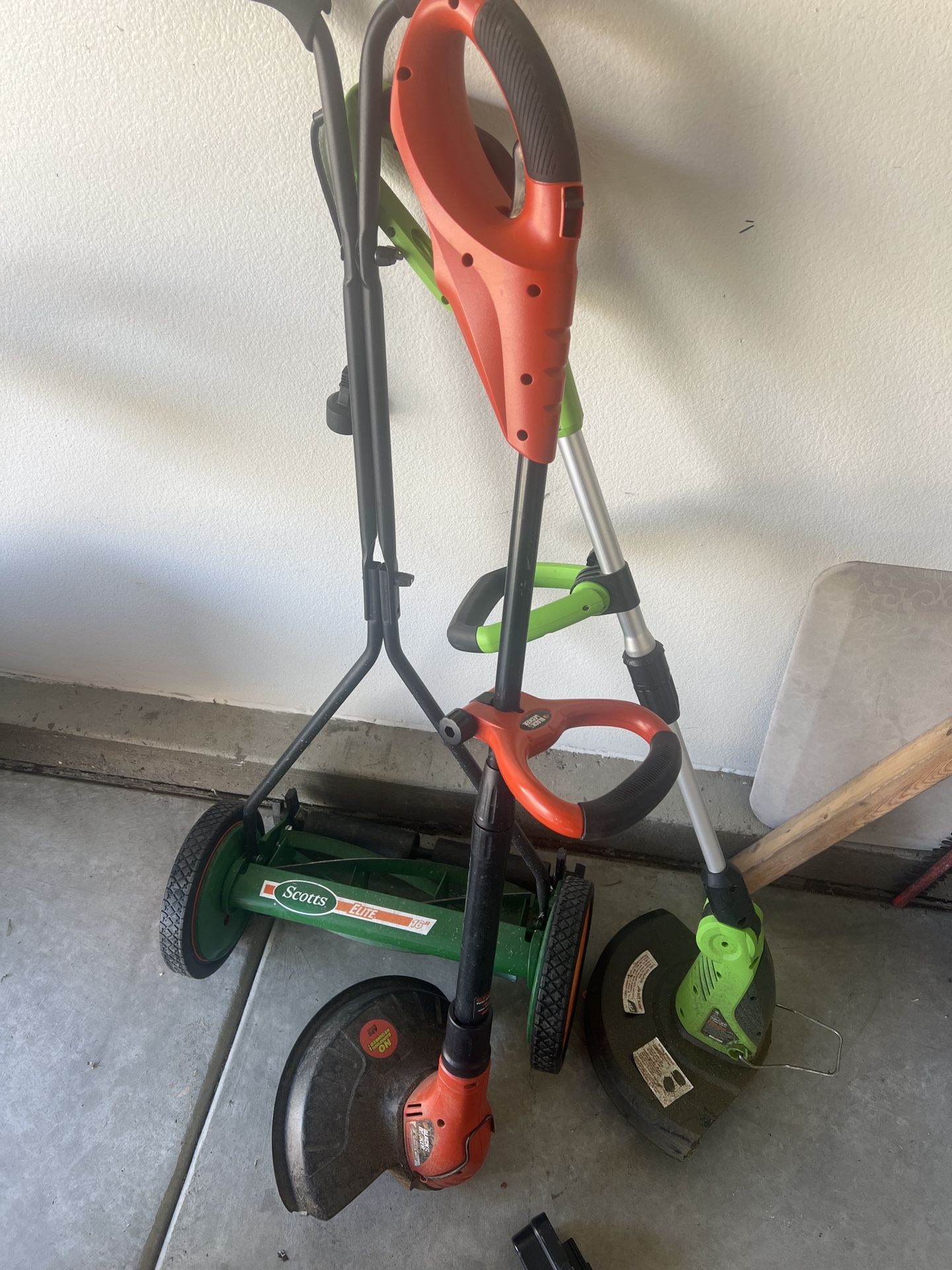 Lawn Push Reel Mower And Two Grass Trimmer