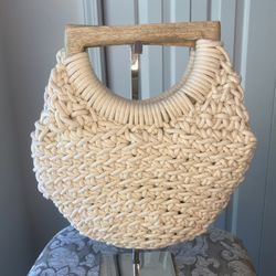 A NEW DAY Crochet Macrame Handbag Neutral Cream Wooden Handles