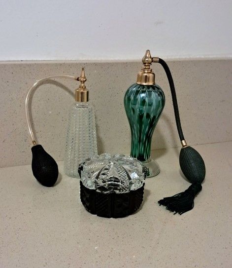Vintage Czechoslovakian Cut Glass Dish, 2 Vintage Atomizers. All In Nice Condition, All For $10.