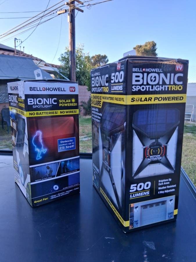two Bionic Spotlight Trio, Solar Powered, Motion Sensor, new - $45