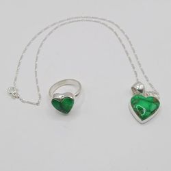 Green Turquoise Sterling Silver Necklace and Ring Set