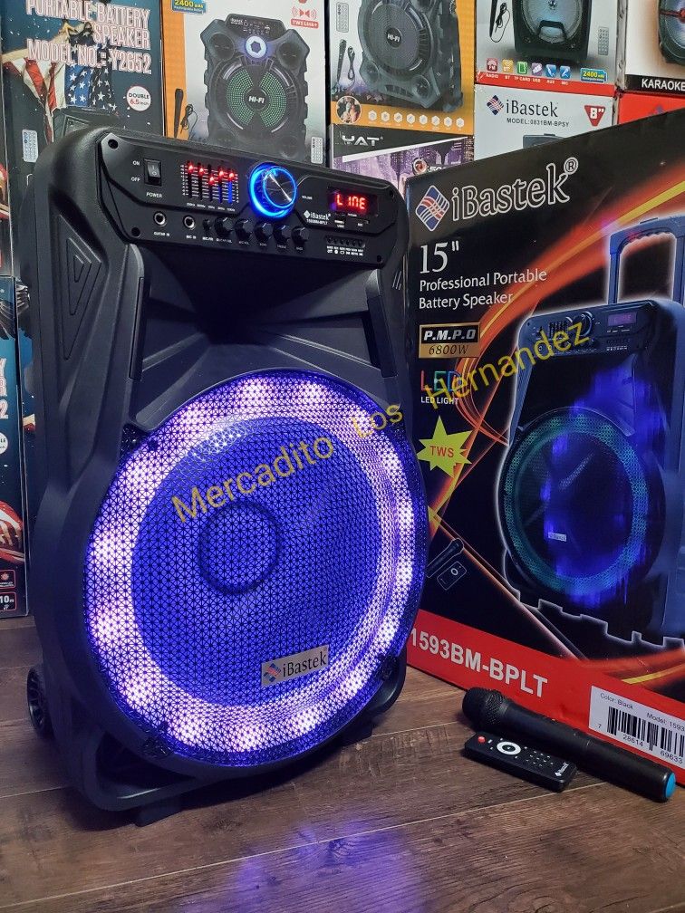 Pro Karaoke Bluetooth Speaker ❗️ 6800w -15" SUB Woofer 🔊LED Party Lights - Lista Para Fieatss Grandes🥳❗️Wireless Mic Included 🎤 