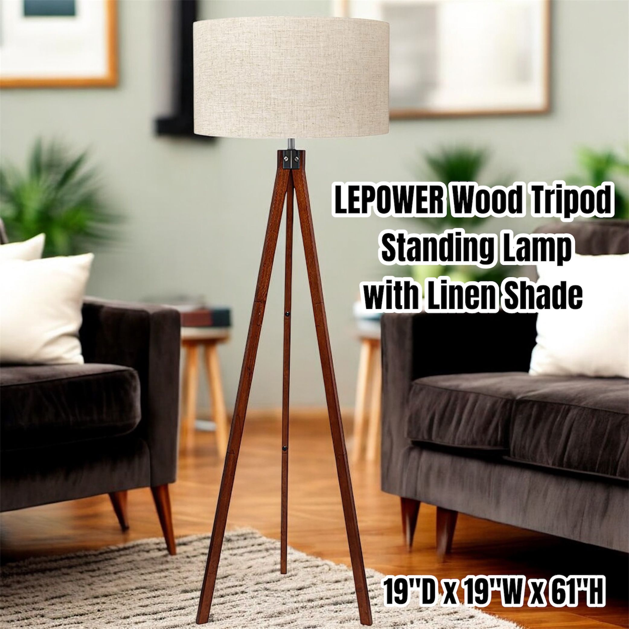 LEPOWER Wood Tripod, Mid Century Standing Lamp with Linen Shade (Brown) 