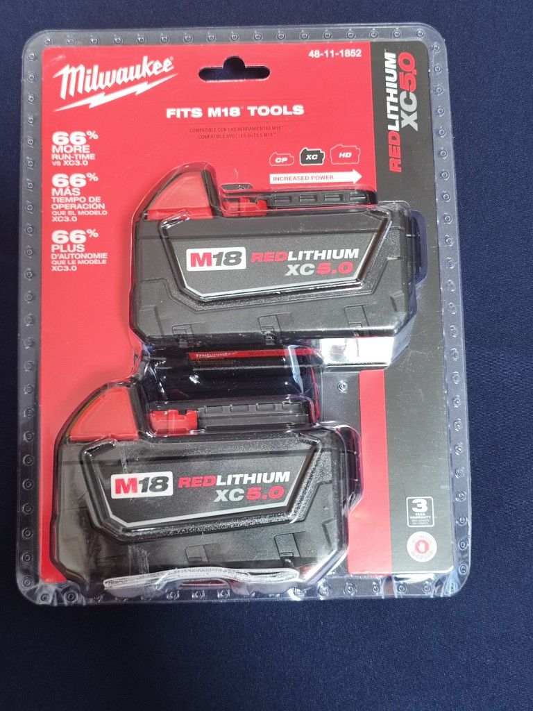 Milwaukee M18 Red Lithium XC 5.0 Battery (2-Pk) Model #48-11-1852 New In Box