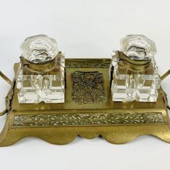 Antique Brass And Crystal Inkwell