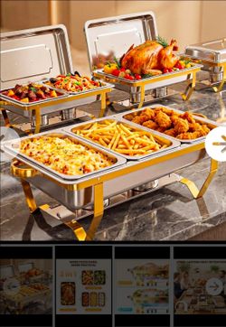 Gold Chafing Dish Buffet Set with 7 Multi-Size Chafing Pans, Stainless Steel Buffet Servers and Warmers Set for Buffet, Wedding, Party, Banquet
