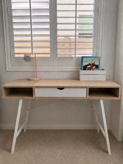 Modern White & Oak Writing Desk with Drawer & Storage