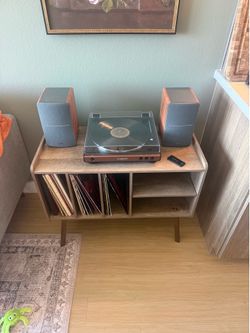 Audio Technica Record Player with Stand, Speakers and Records