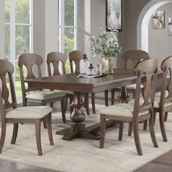 9 PIECE DINING TABLE SET RUSTIC OAK FINISH BEIGE LINEN CHAIRS