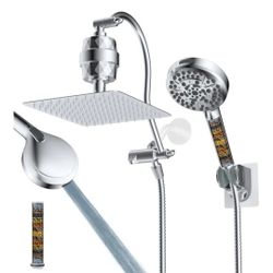 Hibbent All Metal - Cabezal de ducha de 10 pulgadas con doble filtro, cabezal de ducha de mano de alta presión con brazo de extensión curvado ajustabl