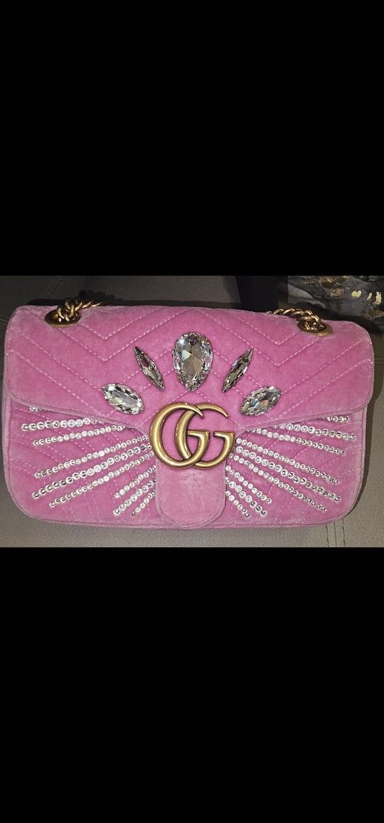 Authentic Gucci Velvet Matelasse Marquise Crystals Embroidered Small GG Marmont Shoulder Bag