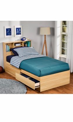 New in box Your Zone Storage Bed with Bookcase Headboard, Twin, Natural Teak Finish. Russell/Boulder area.