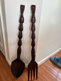Large Decorative Wooden Fork and Spoon Set