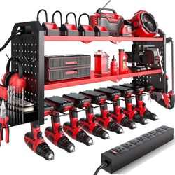 32”Power Tool Organizer with Charging Station Wall Mount, Built in 8 Outlet Surge Protection Red