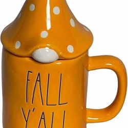 Rae Dunn By Magenta FALL Y'ALL Orange Ceramic LL Coffee Tea Mug With Gnome Head Hat Lid Topper 2020