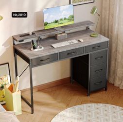 Gaming Desk with 6 Drawers, Computer Desk with LED Lights Power Outlets and Type-C, 39 Inch Office Desk with Storage, Monitor Stand, Writing & Work De
