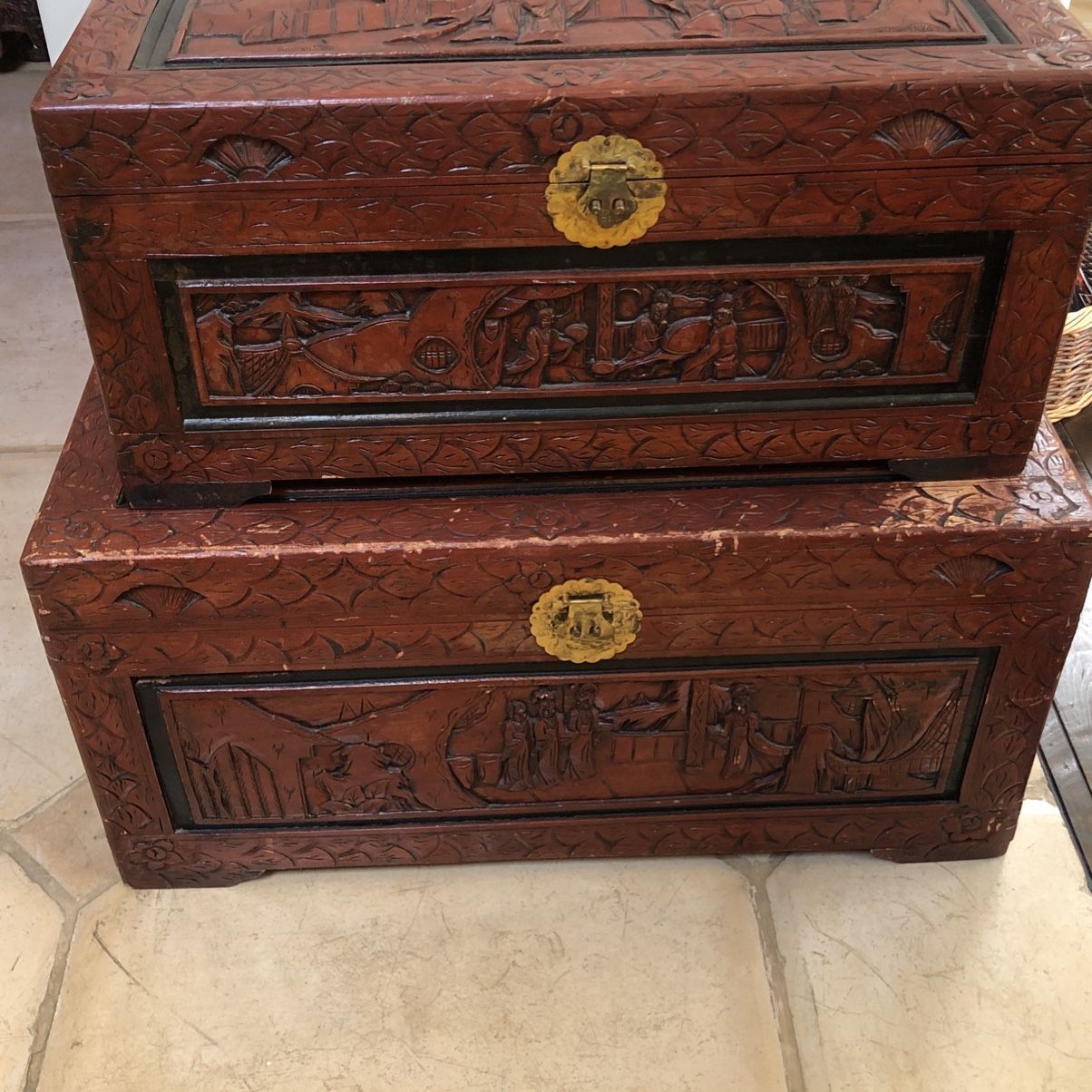 Oriental Handcrafted Camphor Chests With Brass Hardware, Pair