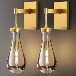 Set of 2 Luxury Modern Raindrop Gold Brass Crystal Wall Sconce, Clear Solid Indoor Sconces with Bulbs, Dimmable Vanity Lamp