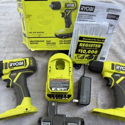    NEW RYOBI ONE+ HP 18V Cordless Compact 3/8” Drill & 1/4” Impact Driver-New Open Box-2.0 Ah Battery/Charger