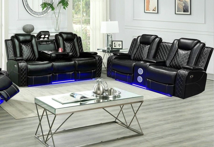 🎄 SF2828-2PC Sheila 2 Piece Premium Black Leather Power Recliner Sofa Set with USB and LED, New In The Box.