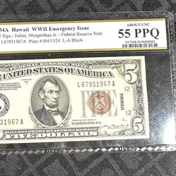 1934A Hawaii WWII Emergency overprint $5 PCGS 55