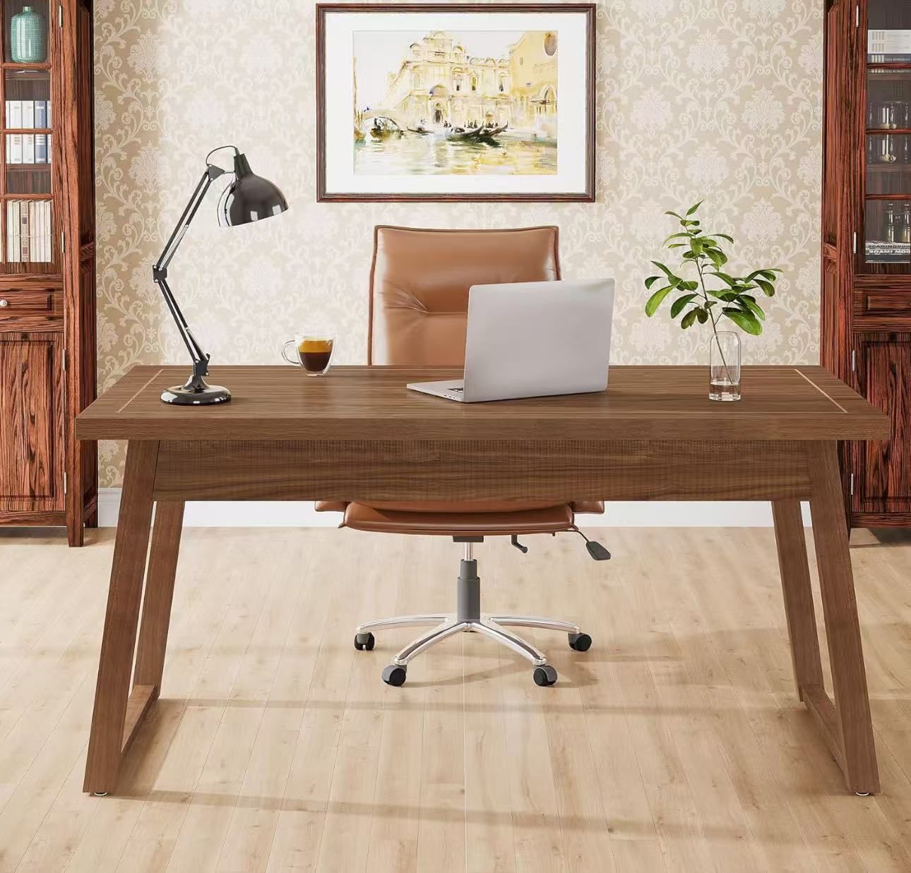 Home Office Executive Desk: 55 Inches Wooden Computer Desk with Drawer $140