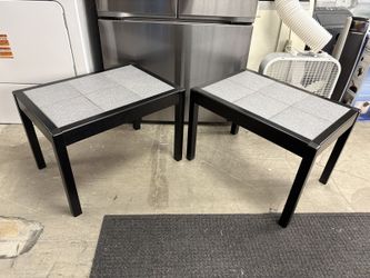 GANGSO MOBLER Vintage Danish Grey Stone Tile & Black Wood Side Table (Set of 2)