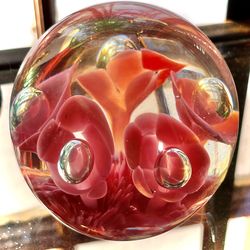 VINTAGE JOE ST CLAIRE ART GLASS PINK TRUMPET FLOWER BUBBLE PAPERWEIGHT