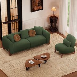Cloud Couch 2-Piece Green Sherpa Velvet Sofa and Chair with Solid Wood Leg Living Room Set for Apartment