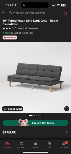 69" Tufted Futon Sofa Dark Gray - Room Essentials™