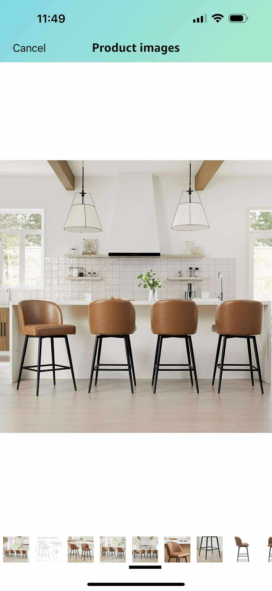 26inch Bar Stools Set of 4, 360° SWIVEL Upholstered Barstools with Backs and Metal Legs, Faux Leather in Saddle Brown