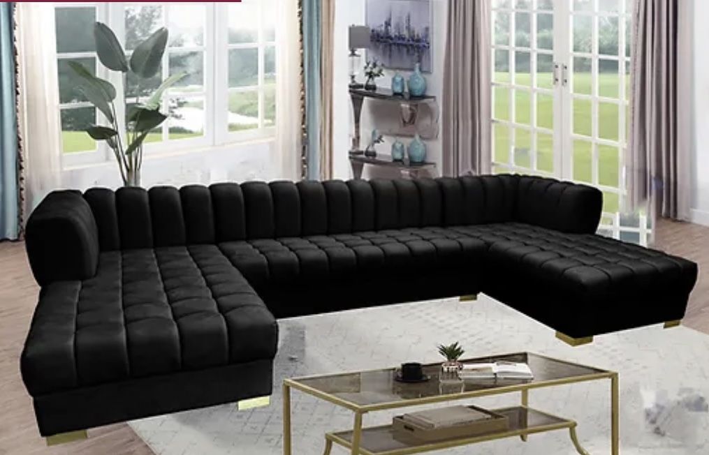 New Black Velvet Sectional U Shaped Gold Legs